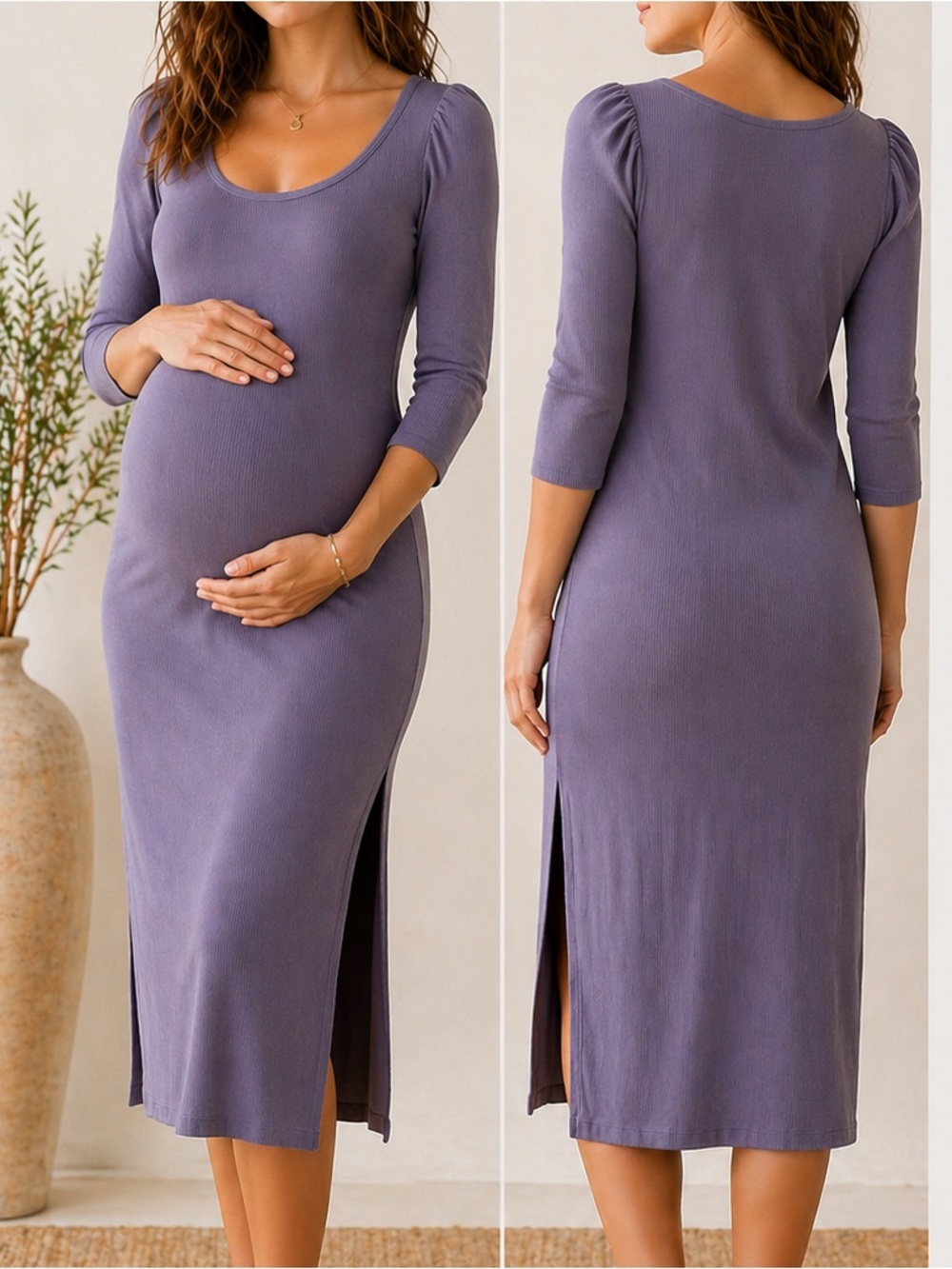 The Nines by Hatch Purple Ribbed Midi Dress Size L Puff Sleeve Stretch